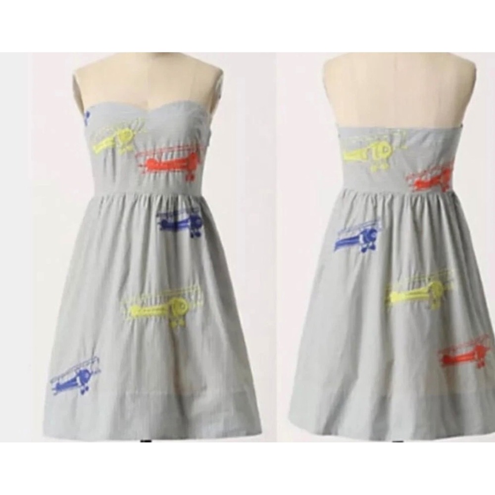 Anthropologie Moulinette Soeurs Strapless Airplane Stripe Dress Blue White